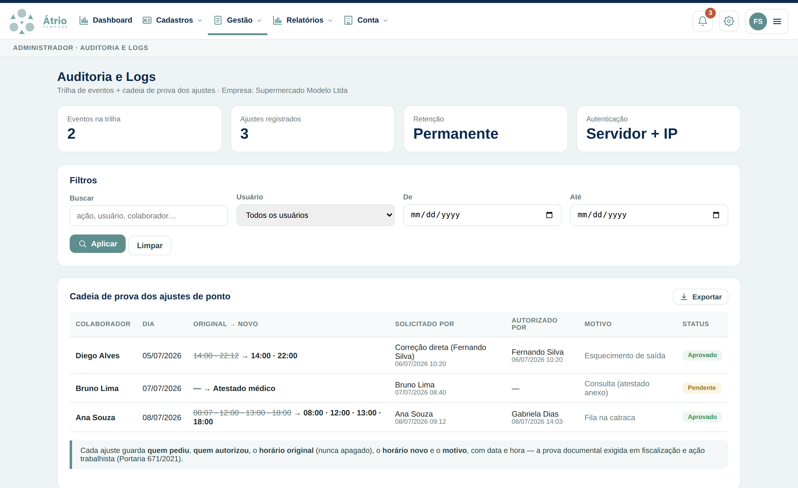 Auditoria e cadeia de prova dos ajustes